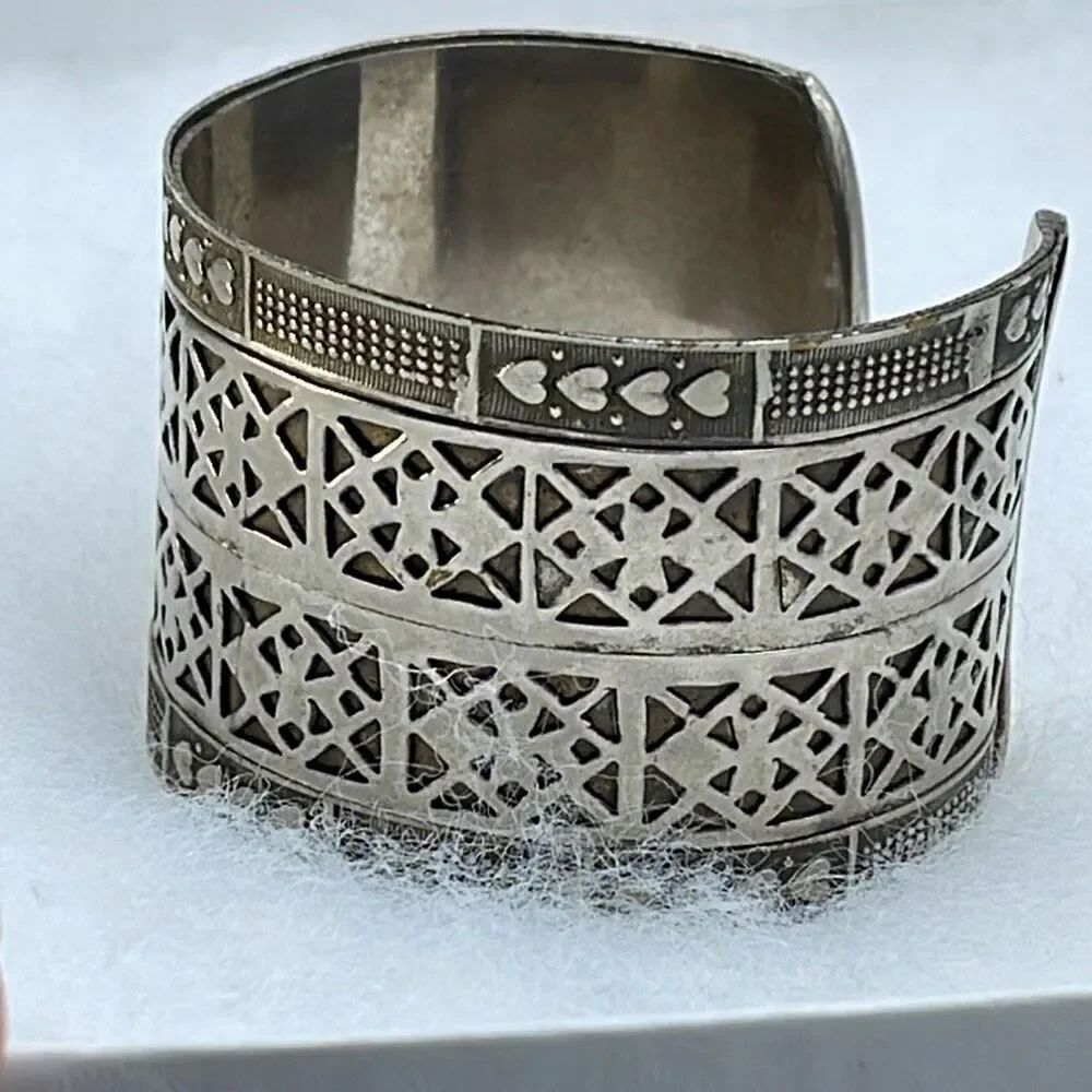 Boho silver plated large cuff ornate bracelet .